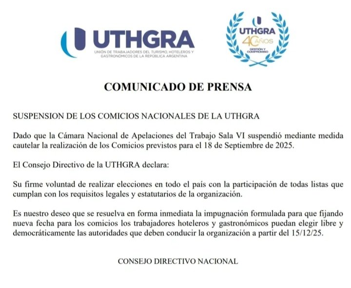 SE SUSPENDEN LOS COMICIOS NACIONALES DE UTHGRA